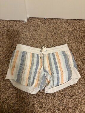 Athleta Beachside Bali Linen Shorts 4 Elastic Waist Drawstring Pocket Stripes